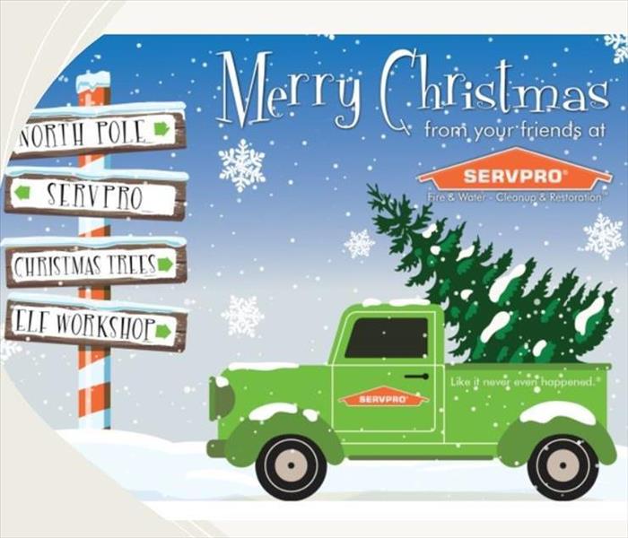 cartoon image of servpro truck hauling a christmas tree